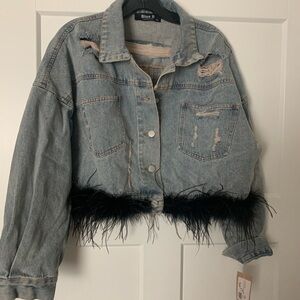 Blue Denim Jacket with Black Feather Trim